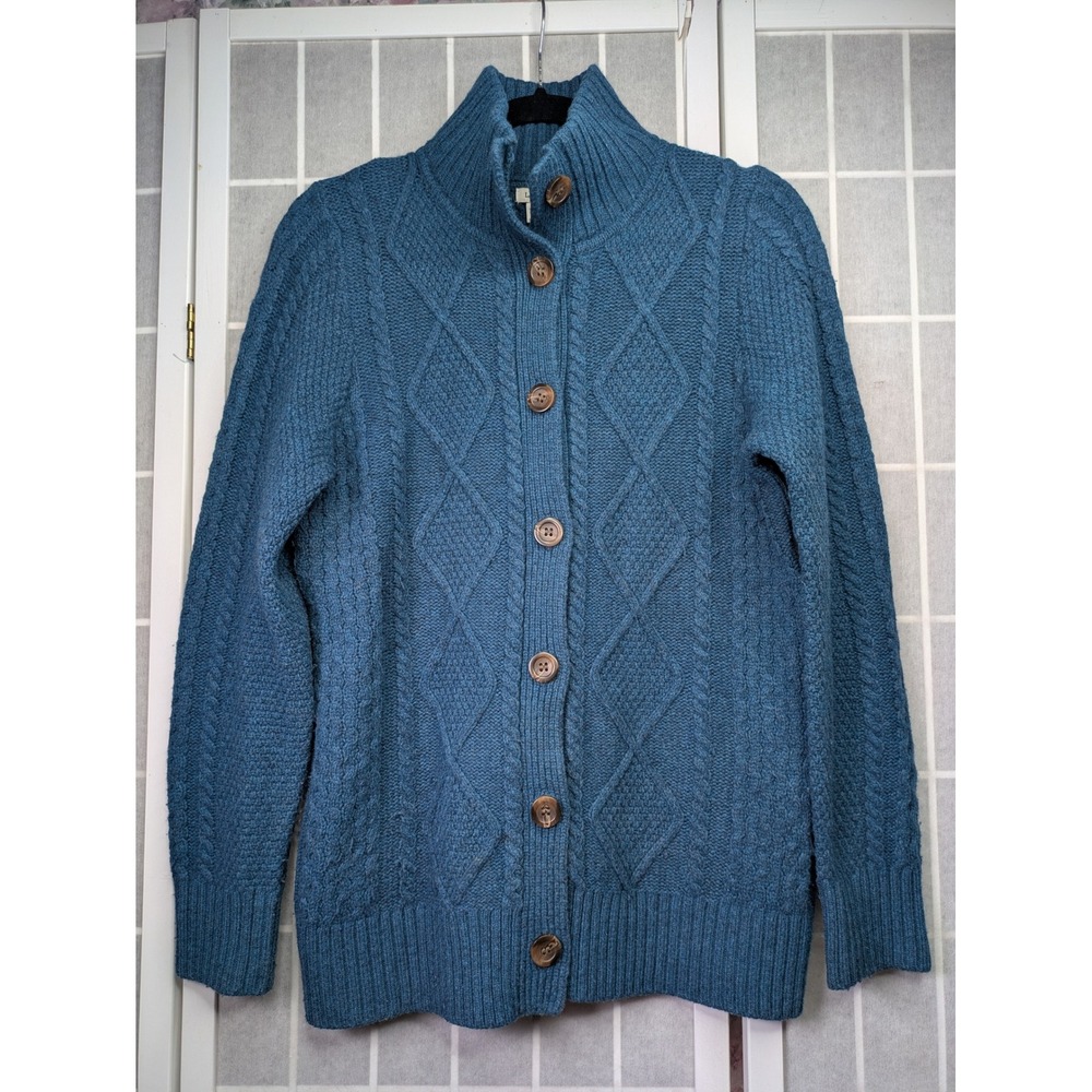 LL Bean Womens Medium Blue Merino Wool Chunky Cable Knit Button Cardigan Sweater